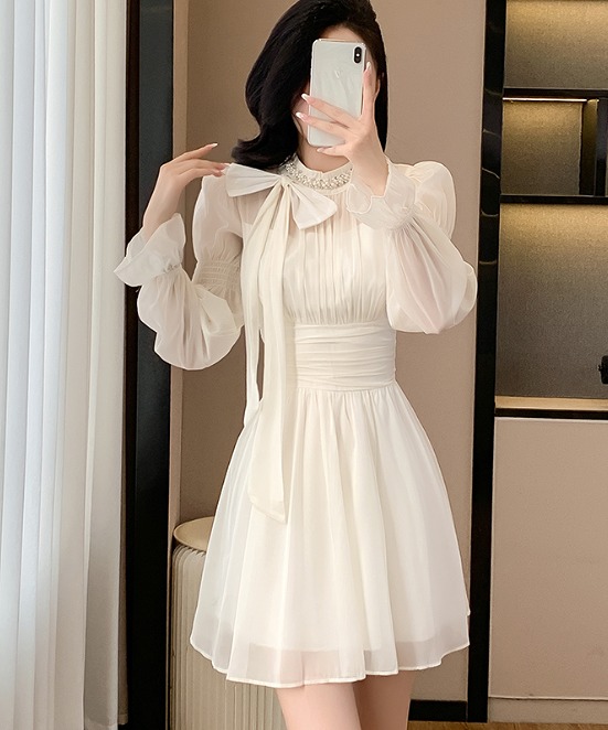 Long sleeves One Piece Frill Mini One Piece Elegant, ribbon, girly, refined.Kasa Women's [Large]Sai Women's Autumn/Winter Wedding Dress - Elegant, Tight-fitting Formal Dress Adult Elegant tunic one-piece