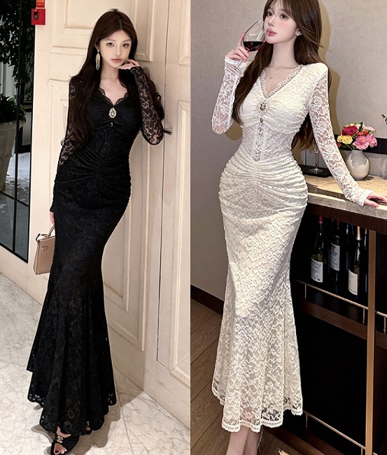 長袖ワンピース フリル 切り替え スリム 着痩せ レース【大きいサイズ レディース 春夏 結婚式 きれいめ タイト フォーマル 大人 上品 チュニック one-piece】 5,083円