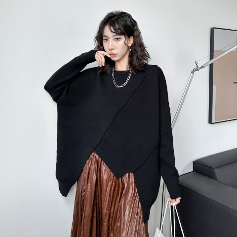 トップス ニット 長袖 ゆったり アシンメトリー 個性派 カジュアル レディース【大きいサイズ レディース きれいめ 半袖 七分袖 五分袖 無地 春夏 cut and sewn】