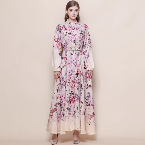 長袖パフスリーブ 優雅 花柄ロングワンピース【大きいサイズ レディース 春夏 結婚式 きれいめ タイト フォーマル 大人 上品 チュニック one-piece】