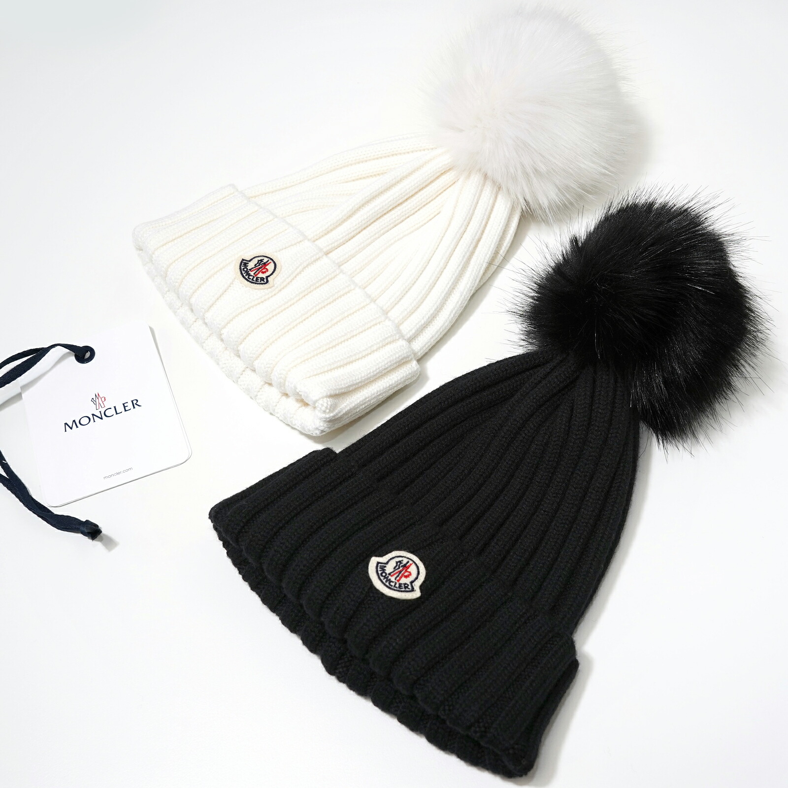 タグ付 MONCLER 2024秋冬新作 クリスタルロゴパッチ付き ニット帽 モンクレール MONCLER ウール100％ ロゴ ワッペン リブ ニット