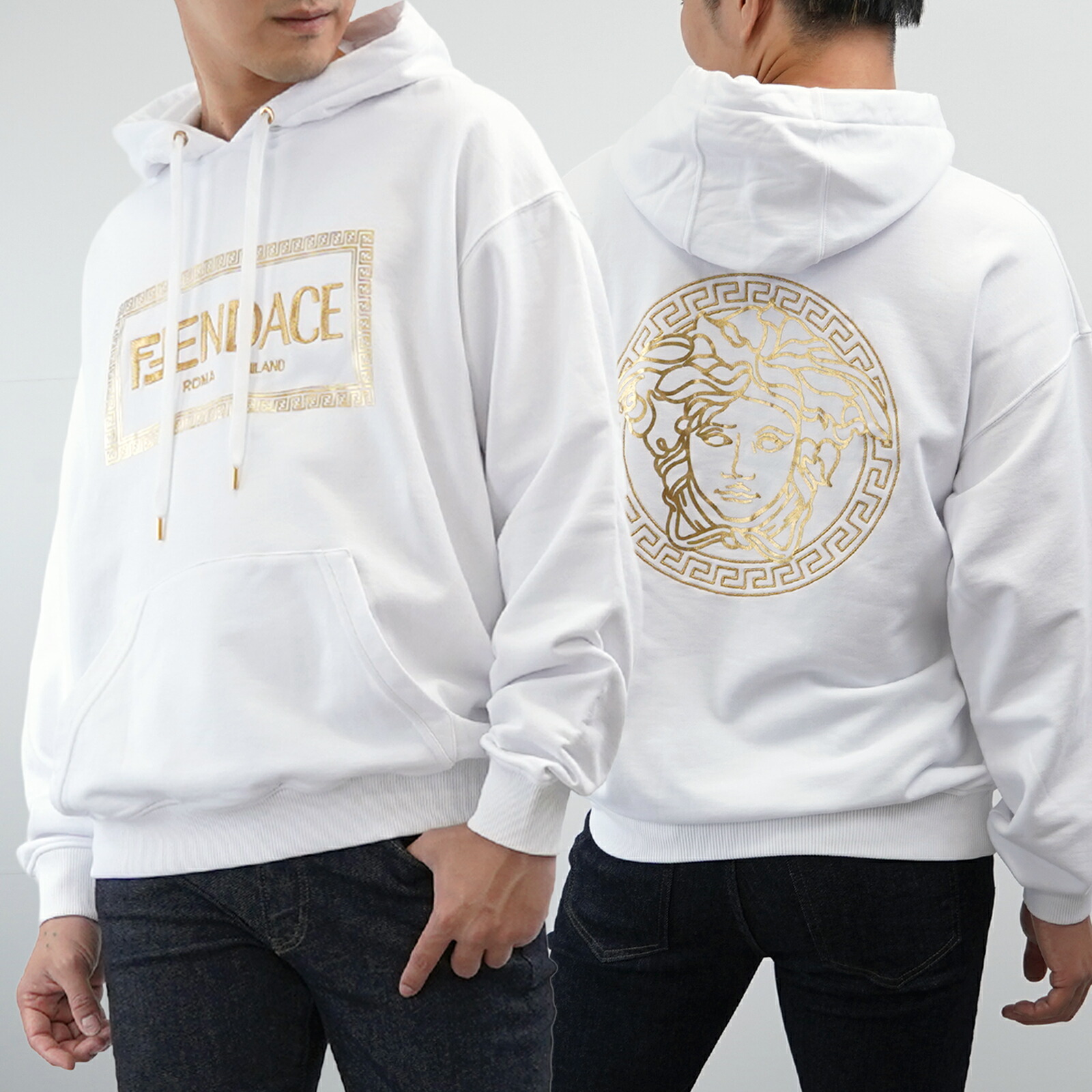 【未使用 展示品】FENDACE フェンダーチェ FENDI &times; VERSACE パーカー プルオーバー フーディ ホワイト フェンディ ヴェルサーチ コラボ ベルサーチ メンズ 男性 人気 おすすめ プレゼント ロゴ 【中古】｜EARTH BOUTIQUE