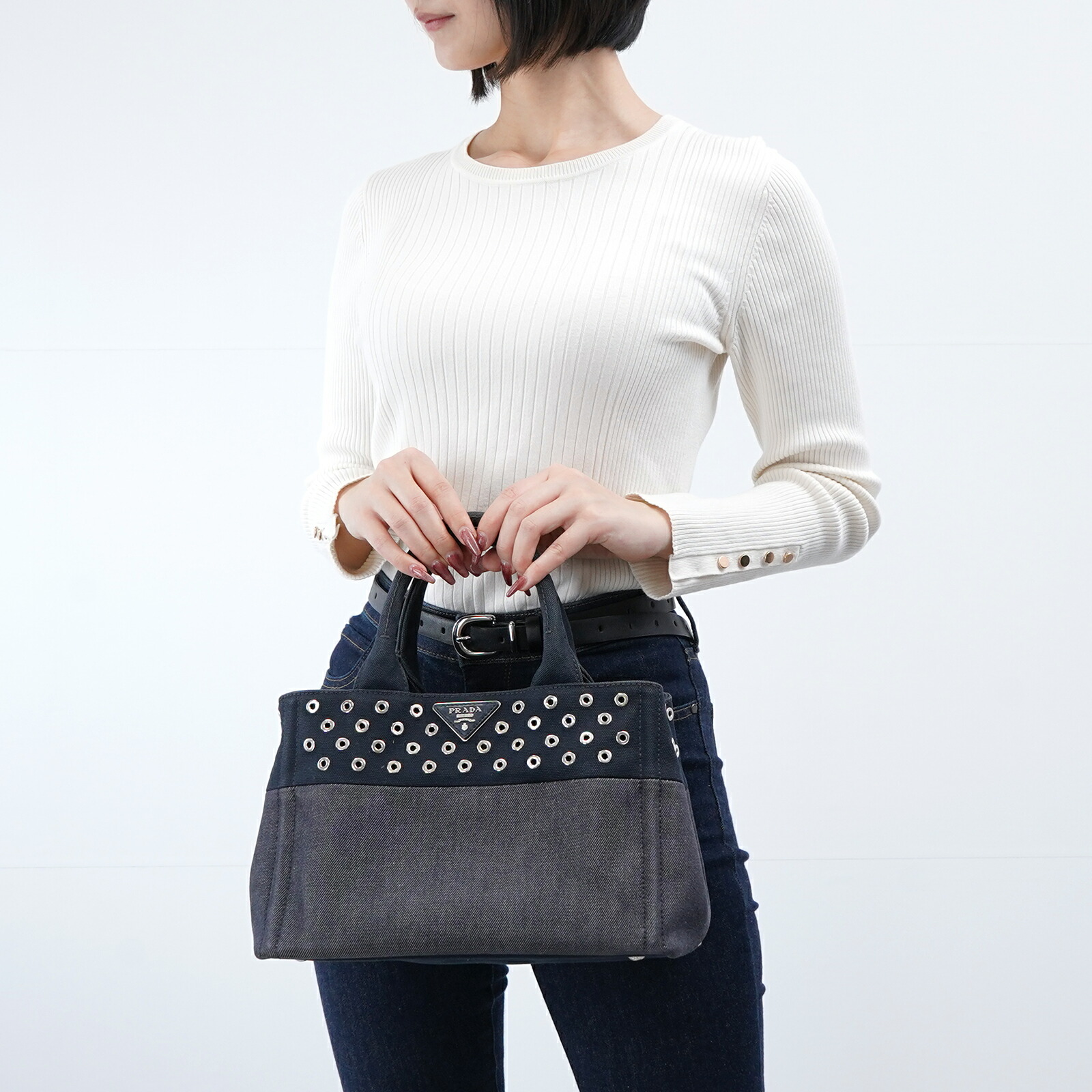 【美品】PRADA プラダ カナパ ミニ デニム 2way トートバッグ レディース 女性 人気 おすすめ プレゼント ロゴ【中古】