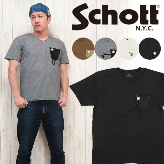 ショット Schott Ｔシャツ 半袖 レザーポケット カットオフ Vネック コンチョ SCH3173011