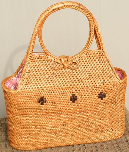 【アタバッグ／No.05】～バリ島のかごバッグ～ 〈ハンドバッグ 蓋 まるい持ち手 バティック布 アジア 自然素材 オーガニック〉【送料無料】