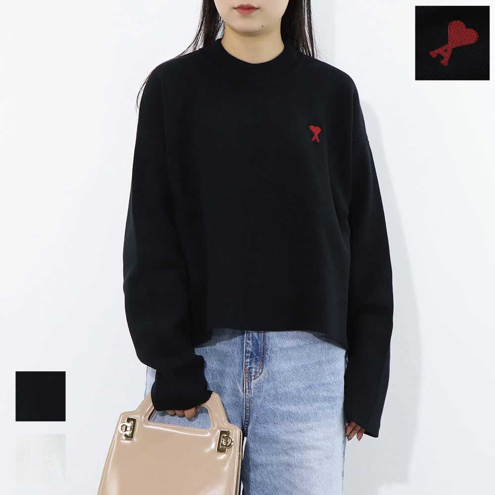 【新品】アミ パリス AMI PARIS トップス ニット レディース ブラック ホワイト コットン ウール ポリウレタン クルーネック ハートロゴ 刺繍 UKS046.KN0042