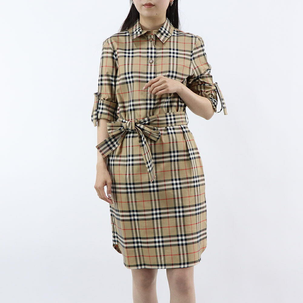【新品】バーバリー BURBERRY ワンピース レディース ベージュ チェック柄 膝上 リボン ベルト 8085647