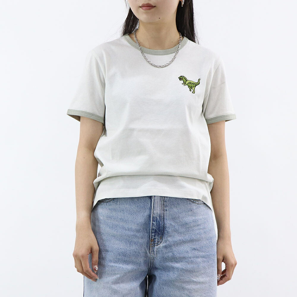 【新品】コーチ COACH トップス Tシャツ・カットソー レディース ライトグレー レキシー 恐竜 ワンポイント 半袖 CZ457