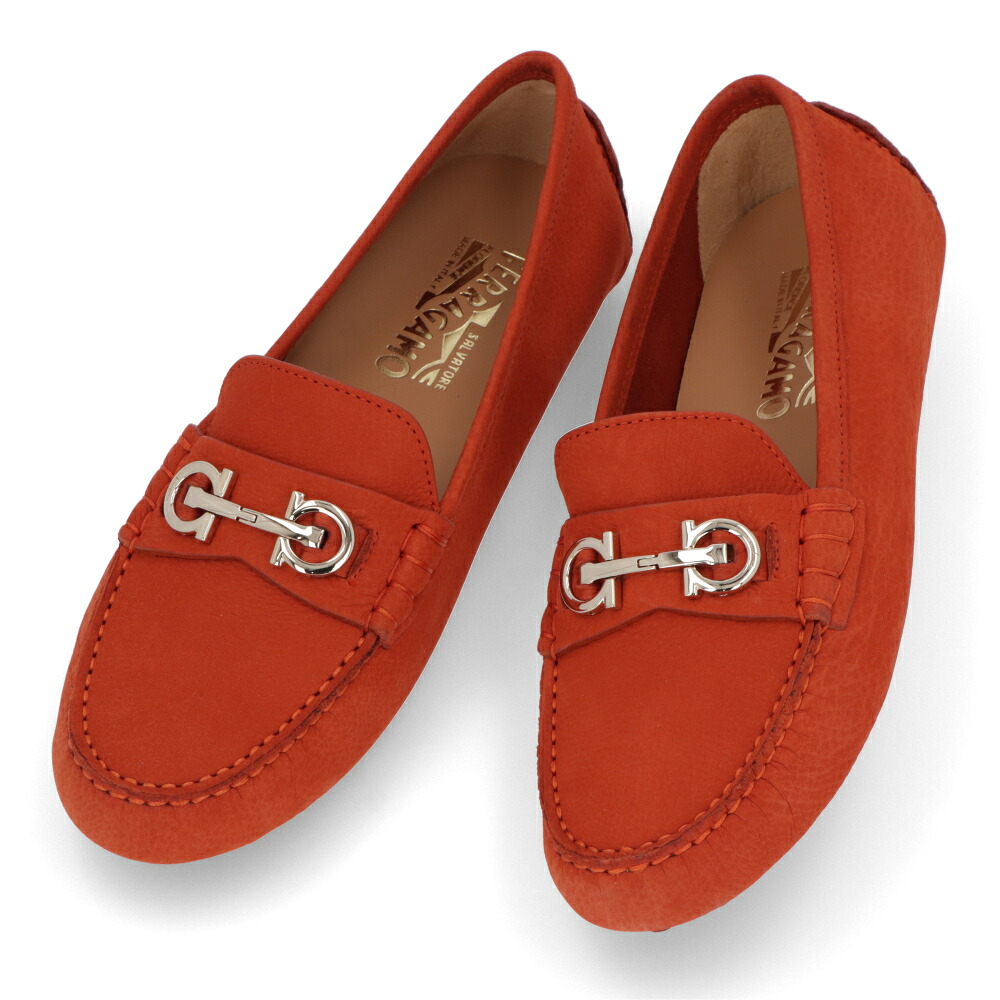【新品】フェラガモ FERRAGAMO シューズ レザーシューズ レディース オレンジ レザー ガンチーニ ドライビングシューズ モカシン ローファー ODILIA 1 757938
