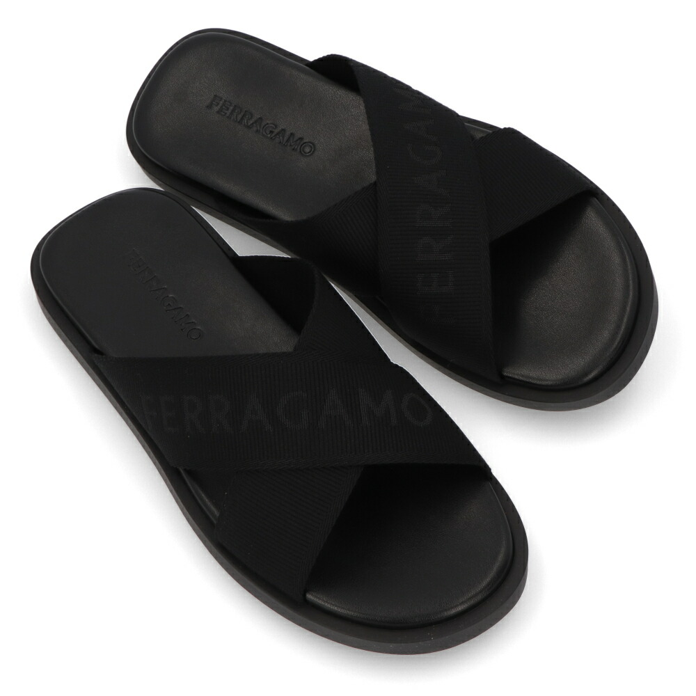 【新品】フェラガモ FERRAGAMO シューズ サンダル メンズ ブラック コットン スリッパ ロゴ M FENICE TEX 0763204