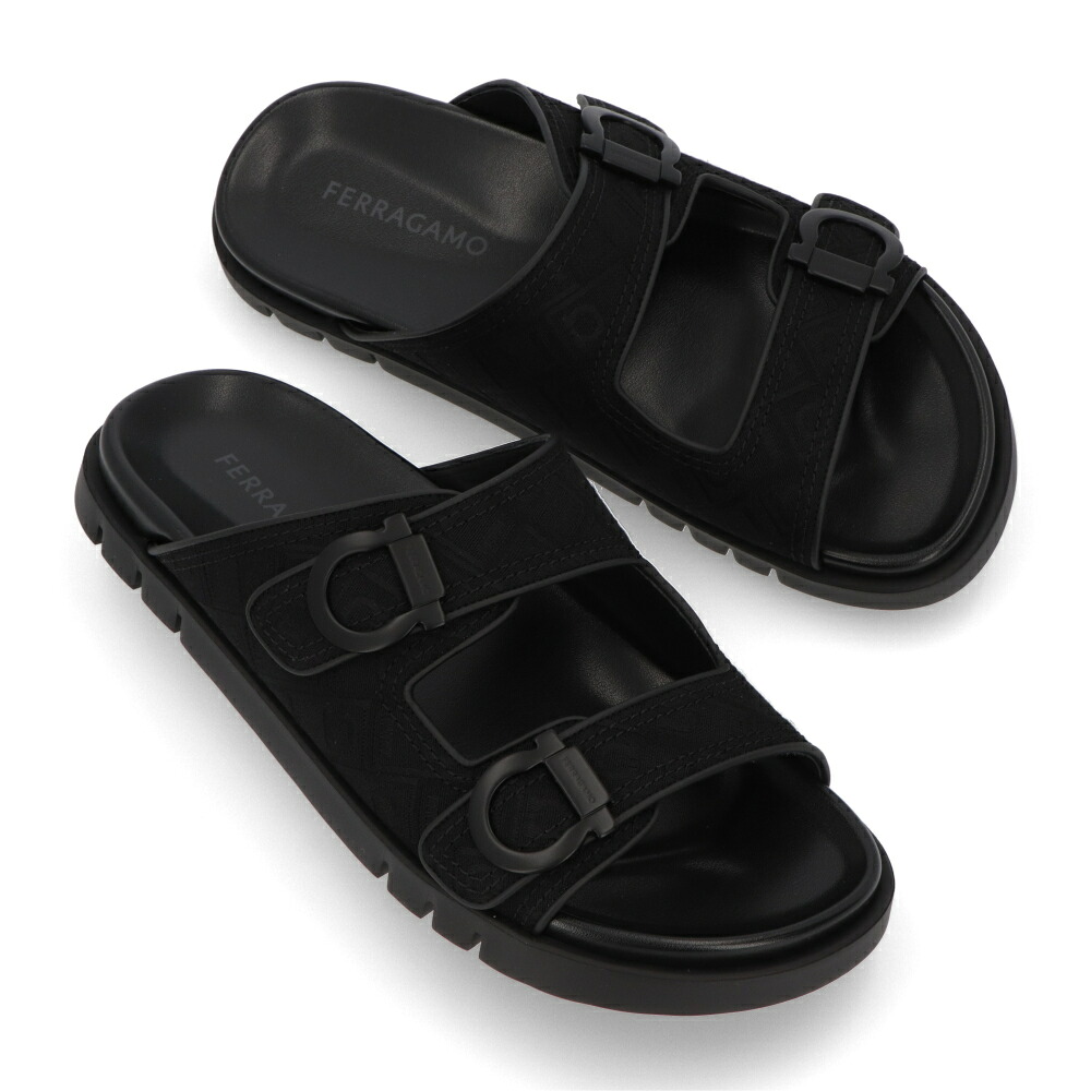 【新品】フェラガモ FERRAGAMO シューズ サンダル メンズ ブラック キャンバス ラバー コンフォートサンダル ダブルストラップ ガンチーニ ジャガード M COLLY JCQ 775573