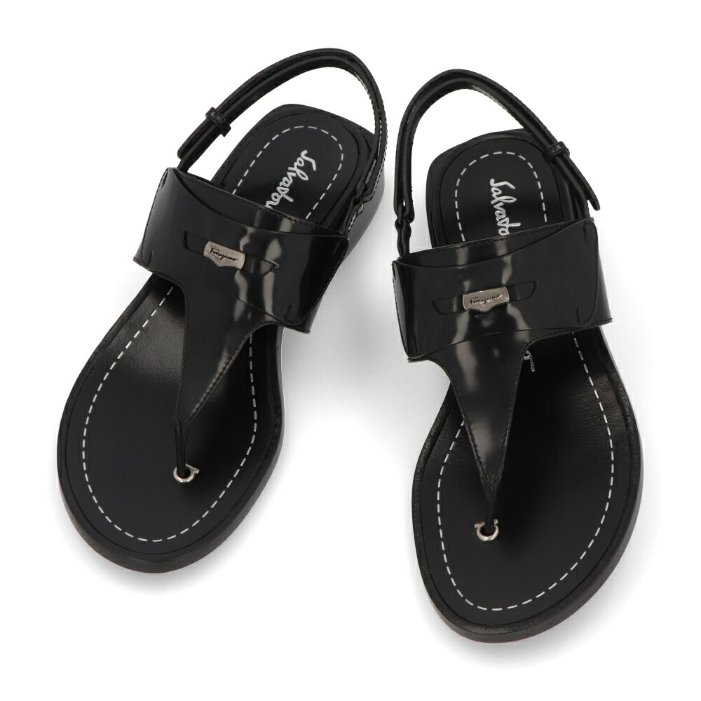 【新品】フェラガモ FERRAGAMO シューズ サンダル レディース ブラック カーフレザー Tバー アンクルストラップ ガンチーニ ヒールあり 750978|LE CHIEN