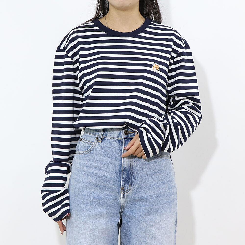 【新品】メゾン キツネ MAISON KITSUNE トップス Tシャツ・カットソー メンズ FOX HEAD PATCH REGULAR MARIN TEE SHIRT ネイビー フォックスパッチ ボーダー コットン 無地 ワンポイント 長袖 クルーネック 長袖 LM00105KJ0044|LE CHIEN