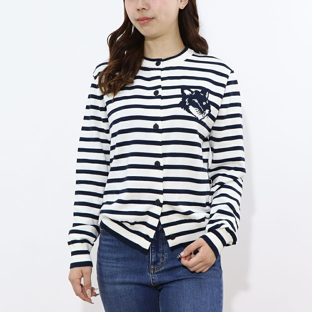 【新品】メゾン キツネ MAISON KITSUNE トップス カーディガン・ボレロ レディース STRICKJACKE FOX HEAD INTARSIA ネイビー×ホワイト フォックスパッチ ボーダー ワンポイント 長袖 MW00502KT1102
