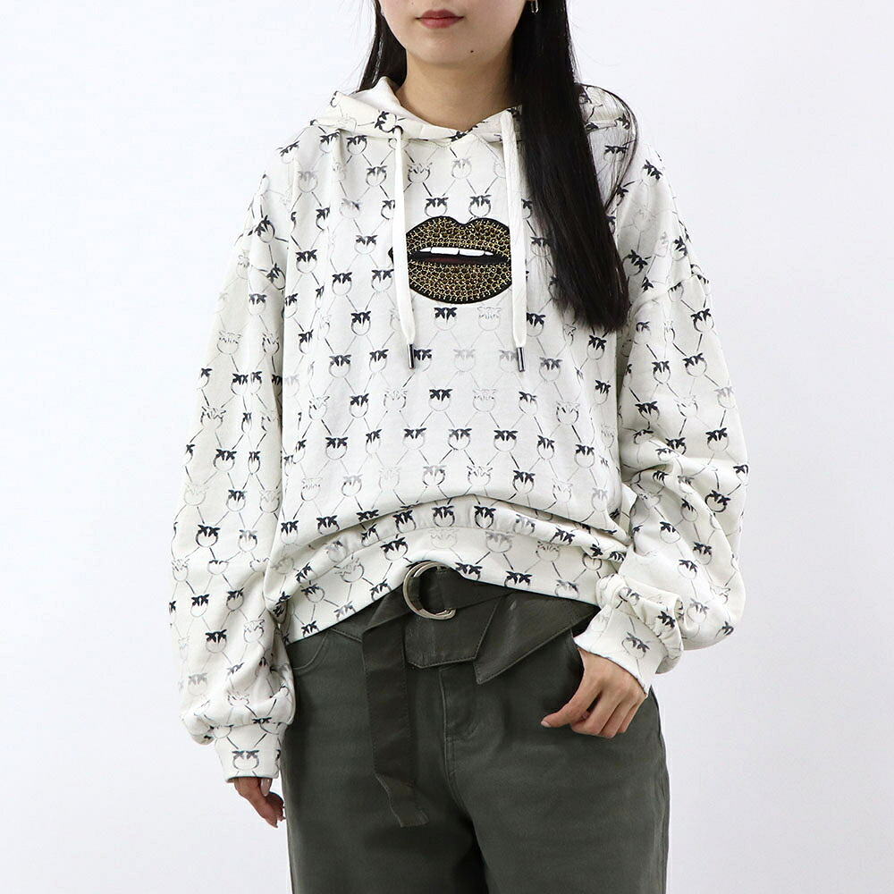 【新品】ピンコ PINKO トップス スウェット・パーカー レディース ホワイト ロゴ 総柄 ラインストーン キラキラ オーバーサイズ プルオーバー 1G1726-Y7YT