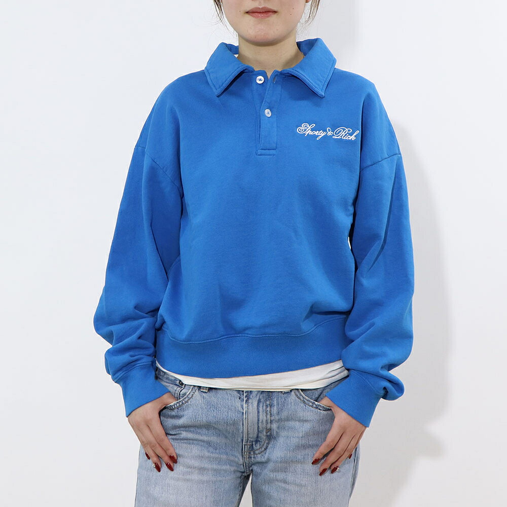 【新品】スポーティー＆リッチ Sporty＆Rich トップス スウェット・トレーナー レディース ブルー コットン ロゴ 長袖 オーバーサイズ 裏起毛 クロップド丈 襟 ポロ SRB1MT303｜LE CHIEN