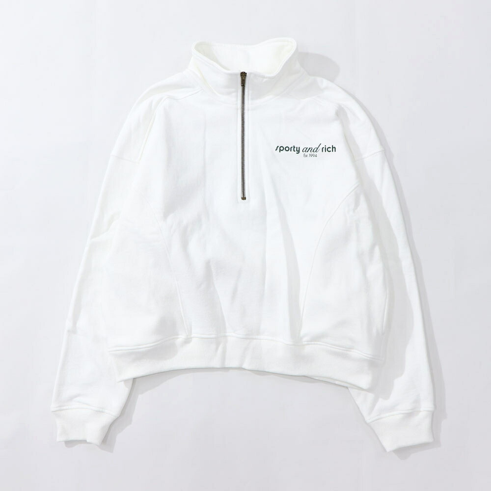 【新品】スポーティー＆リッチ Sporty＆Rich トップス スウェット・トレーナー レディース ホワイト コットン ロゴ 長袖 オーバーサイズ 裏起毛 クロップド丈 襟 ポロ ハーフジップ QZAW239WH