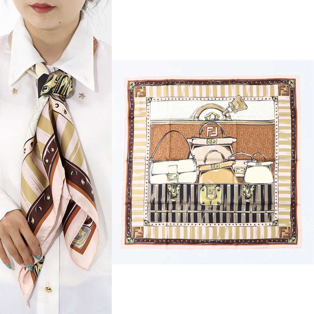 【新品】フェンディ FENDI マフラー・ストール・スカーフ ストール レディース ベージュ シルク 正方形 モノグラム ロゴ ミニバッグイラスト FXT091 AQD5
