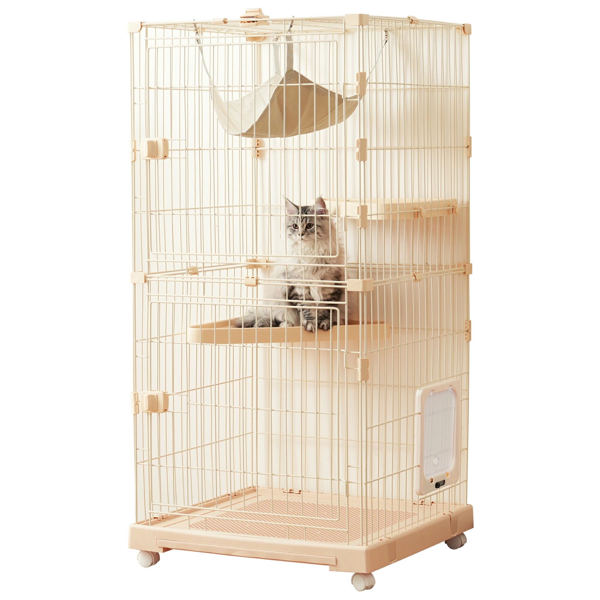 猫 ケージ キャットケージ 2段 自由組み合わせ トレー付き 猫ドア付き ハンモック付き 大型 猫ゲージ 高級感 キャスター付き おしゃれ