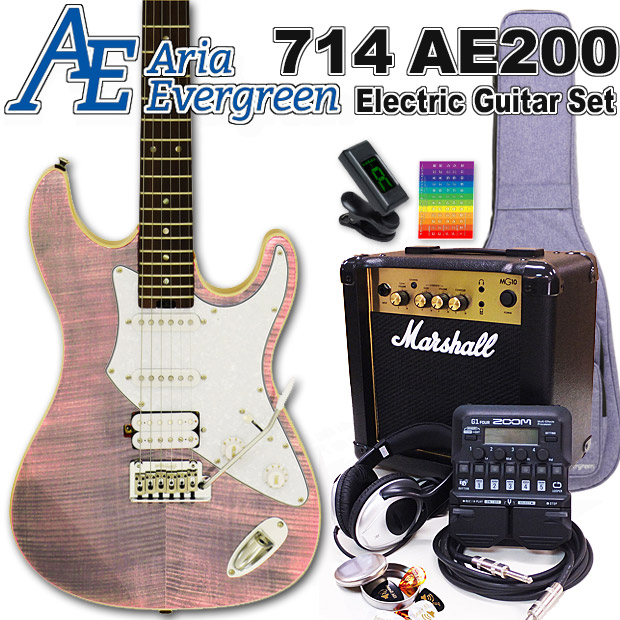 AriaProII 714 AE200 LV アリア・エヴァーグリーン エレキギター初心者 18点セット MarshallアンプとZOOM G1Four付属