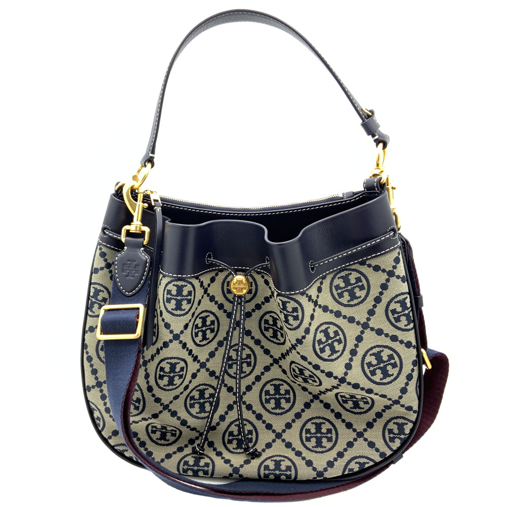 【中古】TORY BURCH(トリーバーチ)80506 Tモノグラムジャガード ドローストリング ホーボーバッグ 2WAY ブルー系 ショルダーストラップ付 取外し可能【USED-A】|質屋かんてい局EC店