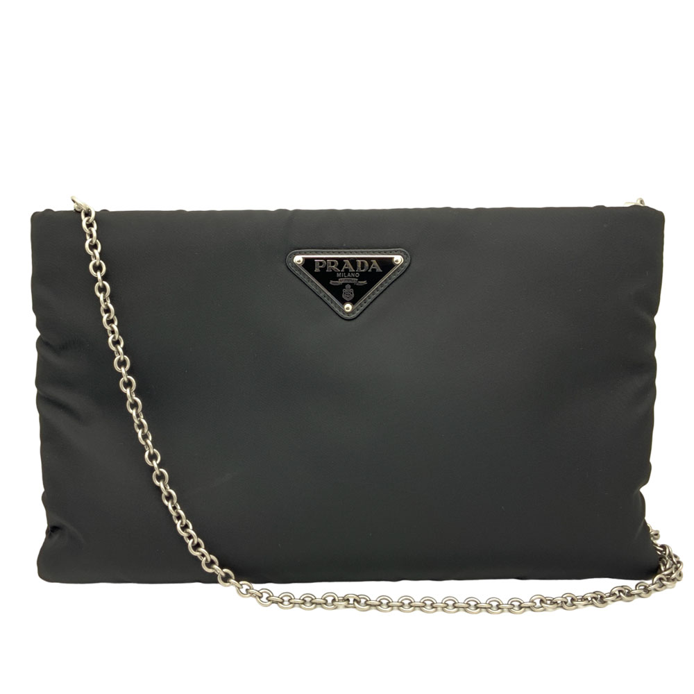 【中古】PRADA（プラダ）1BF081 チェーンショルダーバッグ ナイロン 黒 三角ロゴ カード NERO 2WAYバッグ クラッチバッグ クロスボディショルダーバッグ ブランドバッグ TESSUTO SOFT NERO ギャランティカード付 薄型 ボディバッグ 軽量 ポシェット【USED-AB】