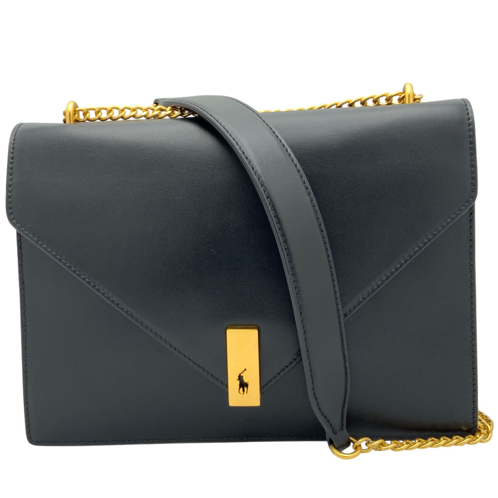 【中古】Polo RalphLauren（ポロ ラルフローレン) POLO ID EnvelopeChainBag エンベロープチェーンバッグ 黒 ゴールド金具 レザー チェーンショルダーバッグ カーフスキン【USED-A】