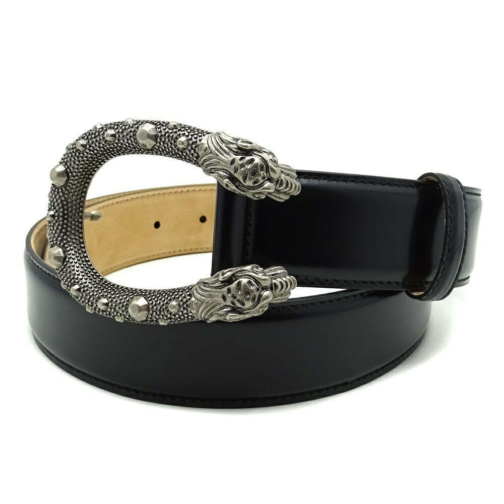 GUCCI ダブル タイガーヘッド バックル レザー ゴールド金具 ベルト 黒 GUCCI ダブル タイガーヘッド バックル レザー ゴールド金具