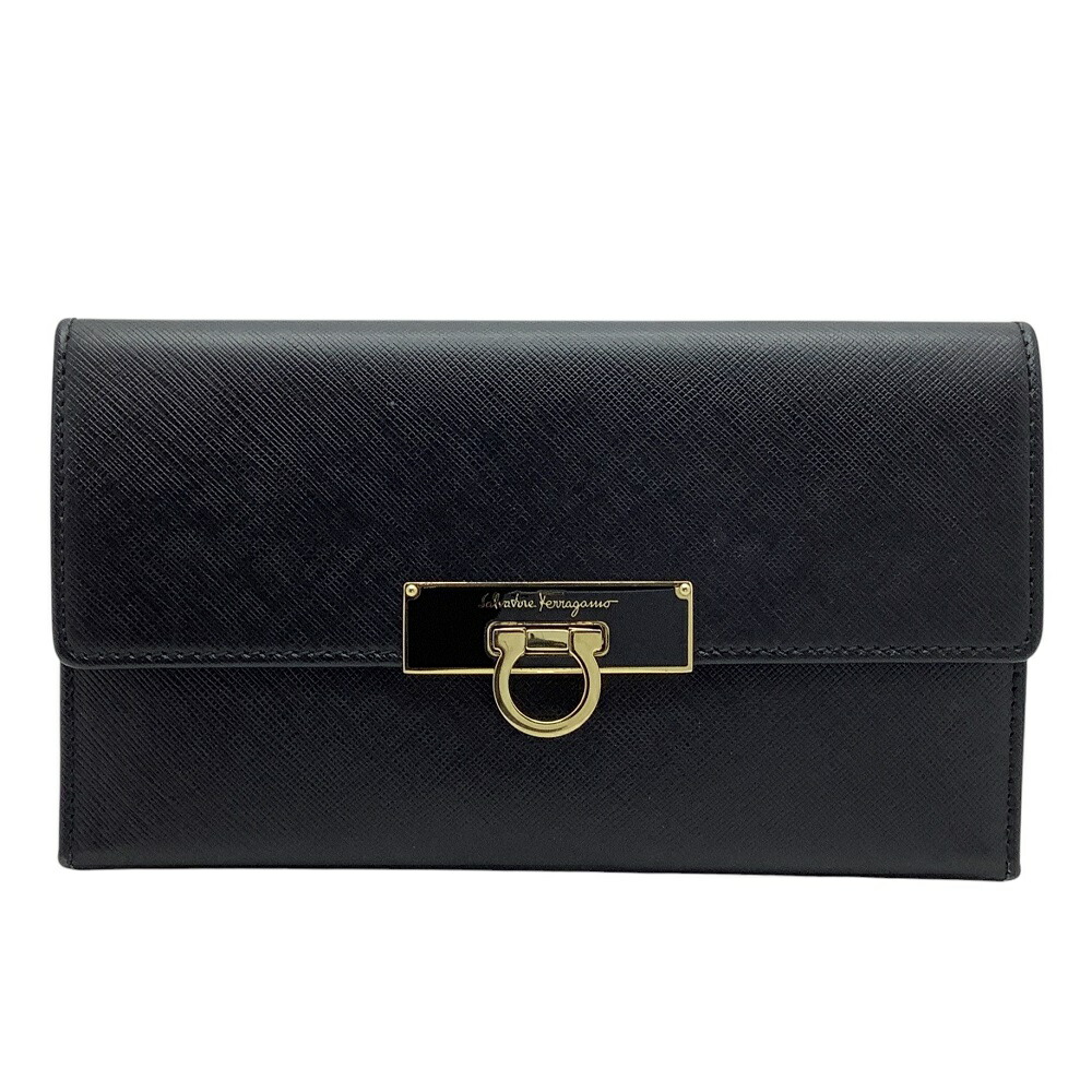 美品✨サルヴァトーレフェラガモ　長財布　ヴァラ　箱付き　レザー　ブラック Salvatore Ferragamo ブラックレザー長財布 箱付き
