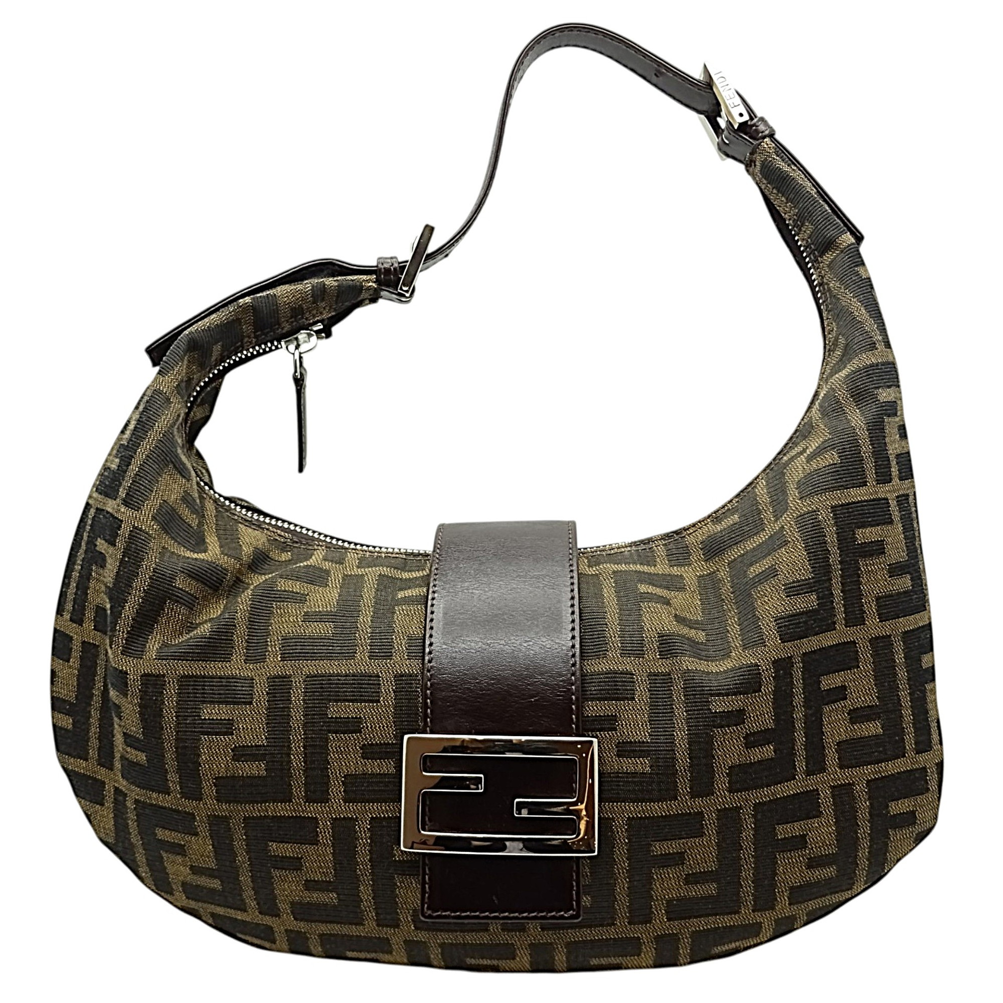 【中古】FENDI (フェンディ) マンマバケット ハーフムーンバッグ 一肩肉 ズッカ柄 赤銅色 帆布 なめし革 肩かけ レディース 【USED-AB】