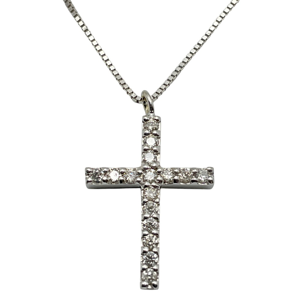 【中古】K18WG ダイヤモンドクロスネックレス 約1.8g 約40cm ダイヤモンド10石 0.13ct ホワイトゴールド 十字架 クロス レディース ベネチアンチェーン【USED-A】
