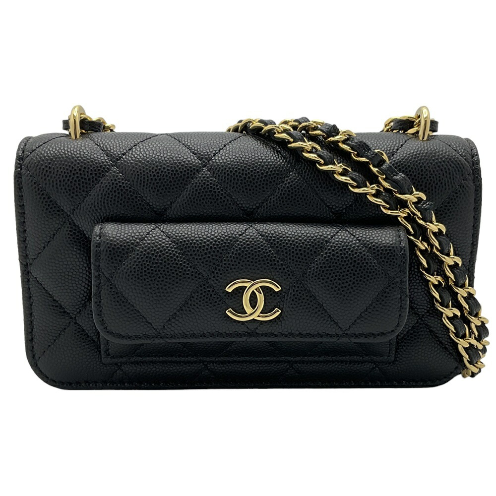 【中古】CHANEL（シャネル） マトラッセ チェーンショルダー AP3465 フォンケース ポシェット キャビアスキン 肩掛け 斜め掛け ブラック ココマーク コンパクト 【USED-A】