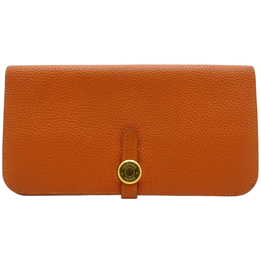 【中古】HERMES（エルメス） ドゴンロング □N刻印 2010年頃 長財布 オレンジ系 ゴールド金具 レザー メンズ レディース 【USED-B】