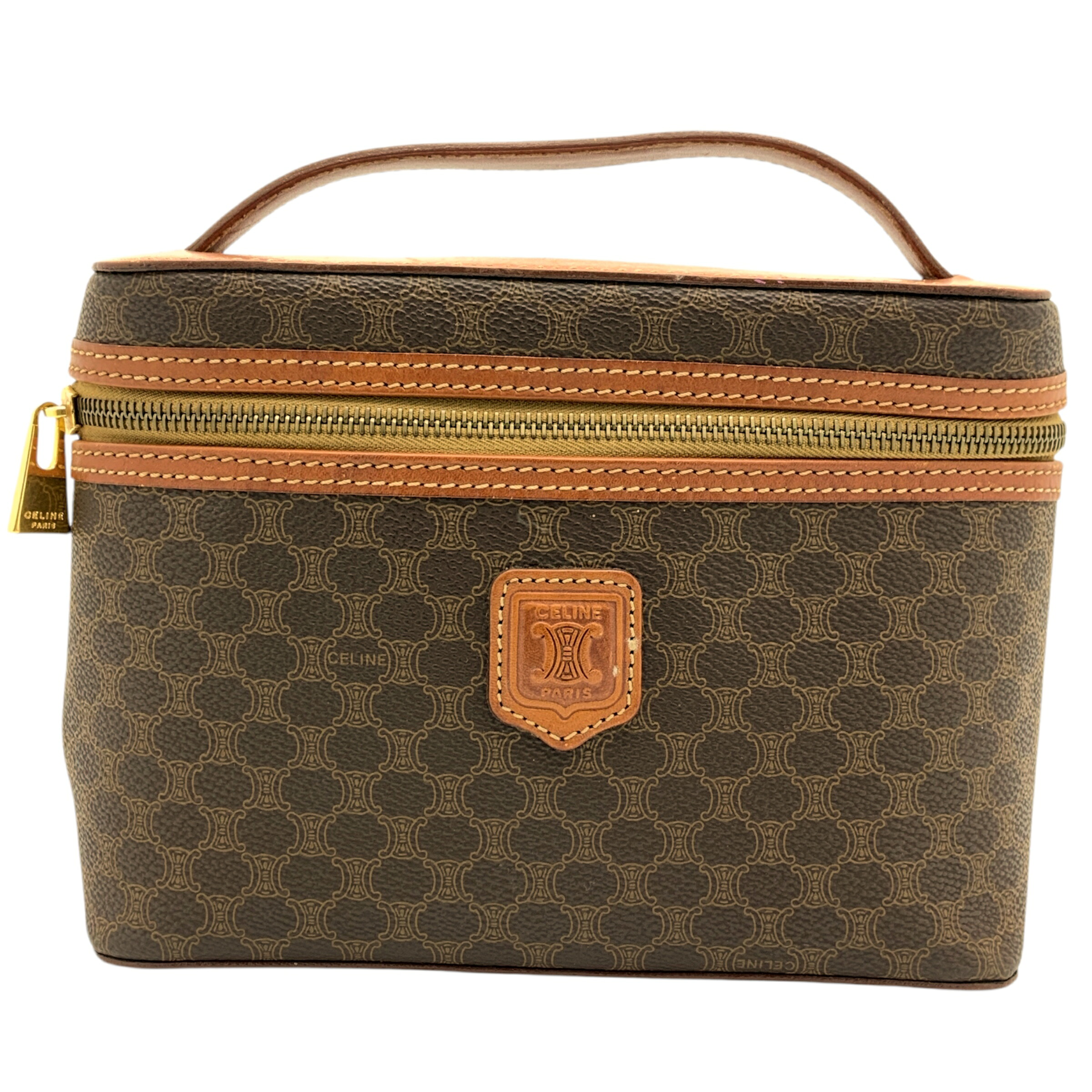 【中古】CELINE（セリーヌ）バニティバッグ MC96 マカダム柄 お化粧ポーチ メイクポーチ ゴールド金具 PVCコーティングキャンバス レザー 【USED-B】