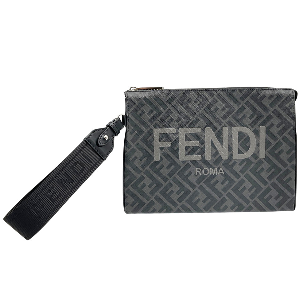 【中古】FENDI（フェンディ） 7VA564 AJJ4 クラッチペダル御徒面子 二番め御徒面子 ズッカ柄 なめし革 薄墨色 しろがね色金具 メンズ レディース【USED-AB】
