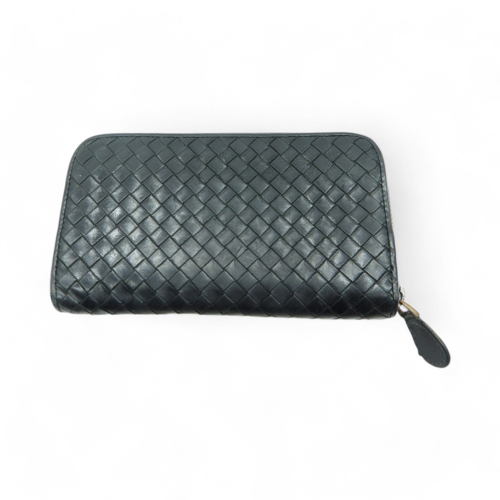BOTTEGA VENETA INTRECCIATO LEATHER LONG WALLET BLACK ボッテガヴェネタ イントレチャートレザー ラウンドジップロングウォレット 長紙入れ 大名店【中古】