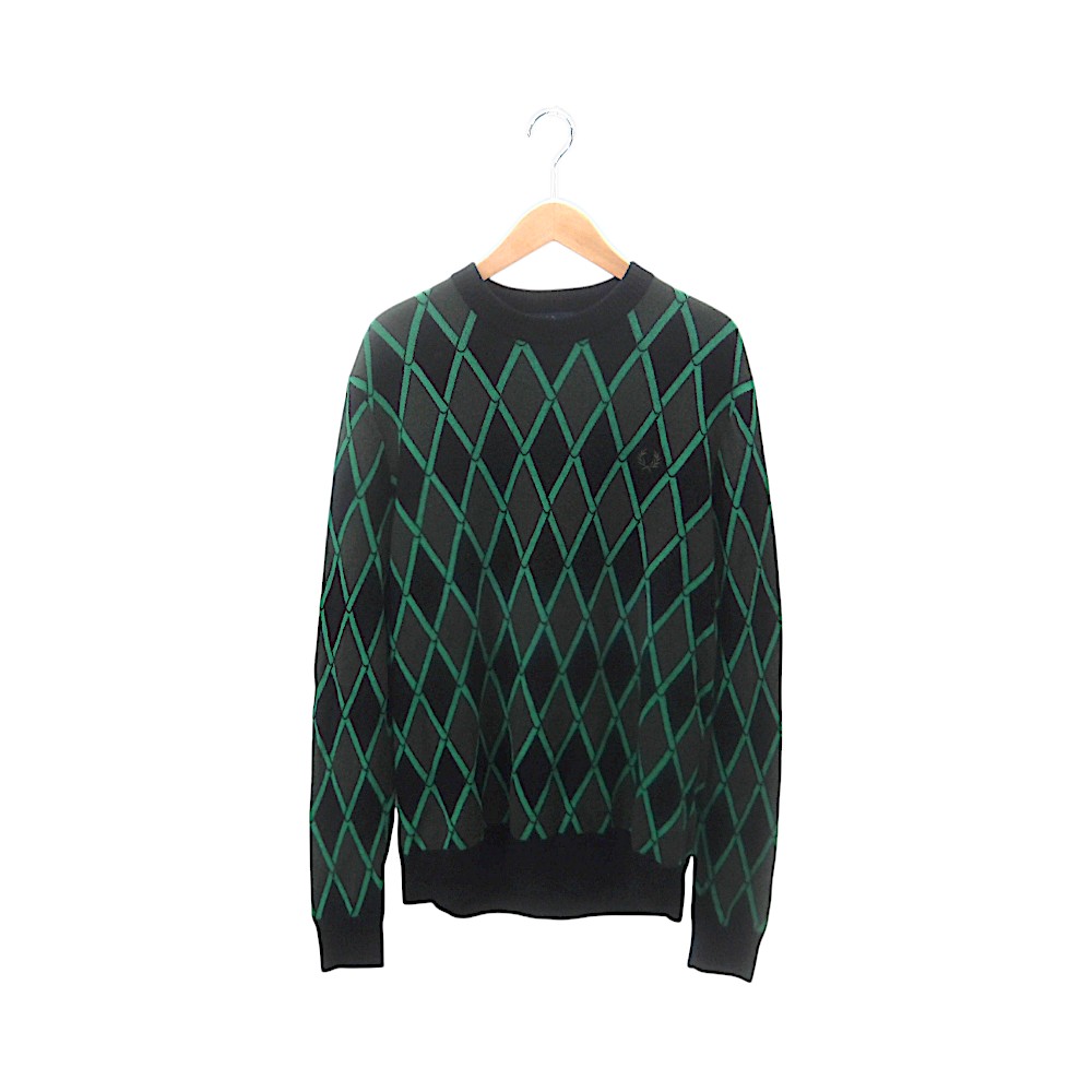 FRED PERRY HARLEQUIN CREWNECK JUMPER BLACK/GREEN サイズM フレッド ペリー ハーレークイン クルーネック ジャンパー ニット セーター 大名店【中古】