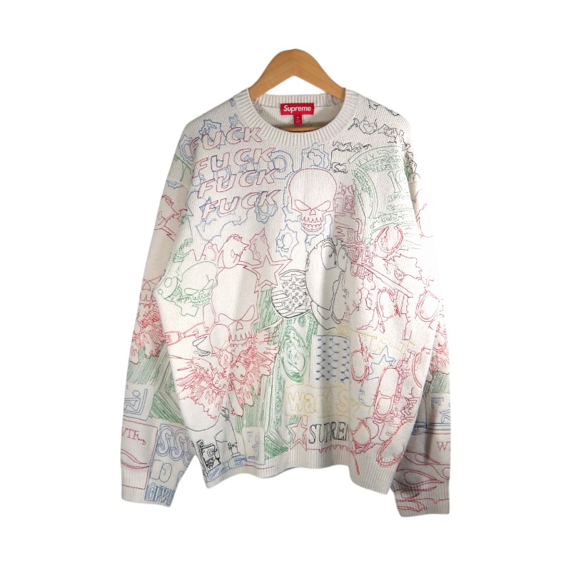 SUPREME 26ss COLLAGE EMBROIDERED SWEATER WHITE 大きさM シュプリーム 分科大学 エンブロイダード スウェーター 編み物 トップス 大名店【中古】