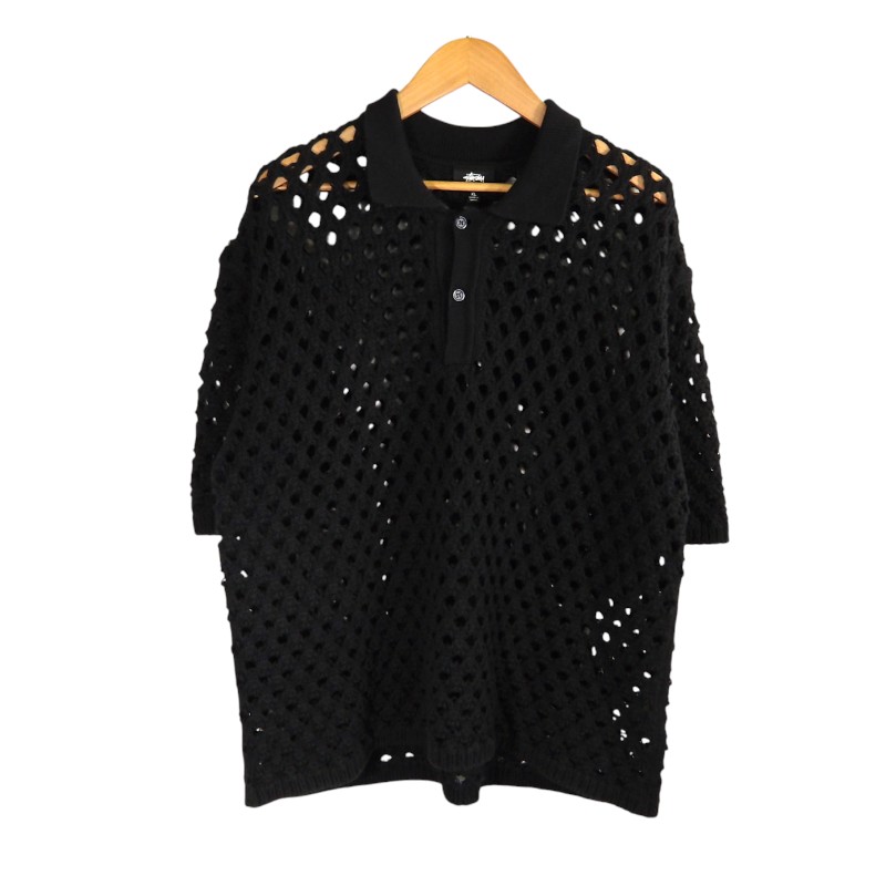 STUSSY BIG MESH POLO SWEATER BLACK 大きさXL 117178 ステューシー ビッグ メッシュ ポロ スウェーター 編み物 トップス 大名店【中古】