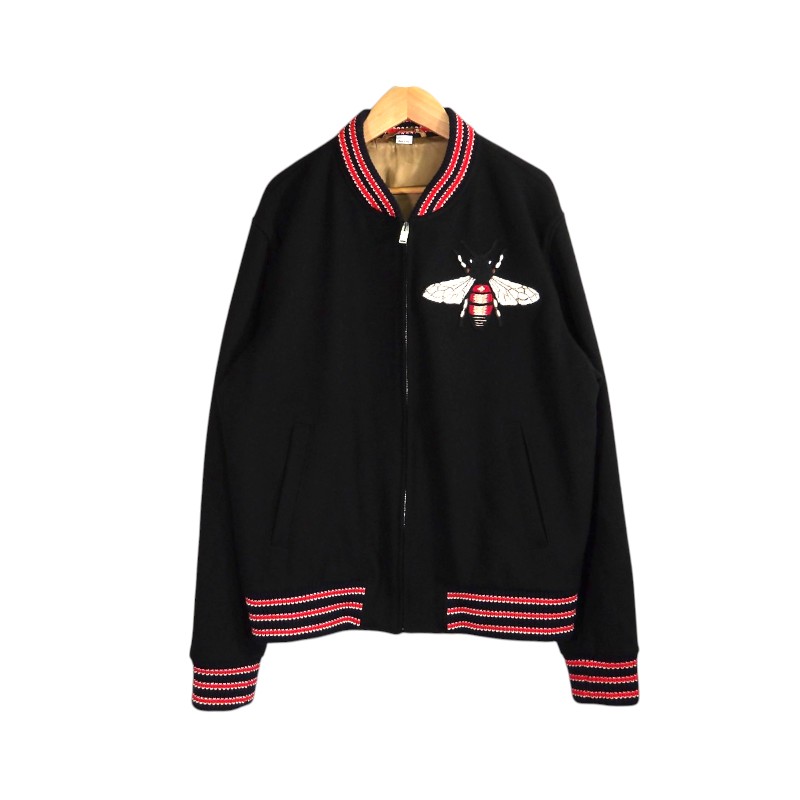 GUCCI 17aw BEE PATCH VARSITY JACKET BLACK サイズ56 496838 グッチ ビー パッチ バーシティ ジャケット スタジャン アウター 大名店【中古】