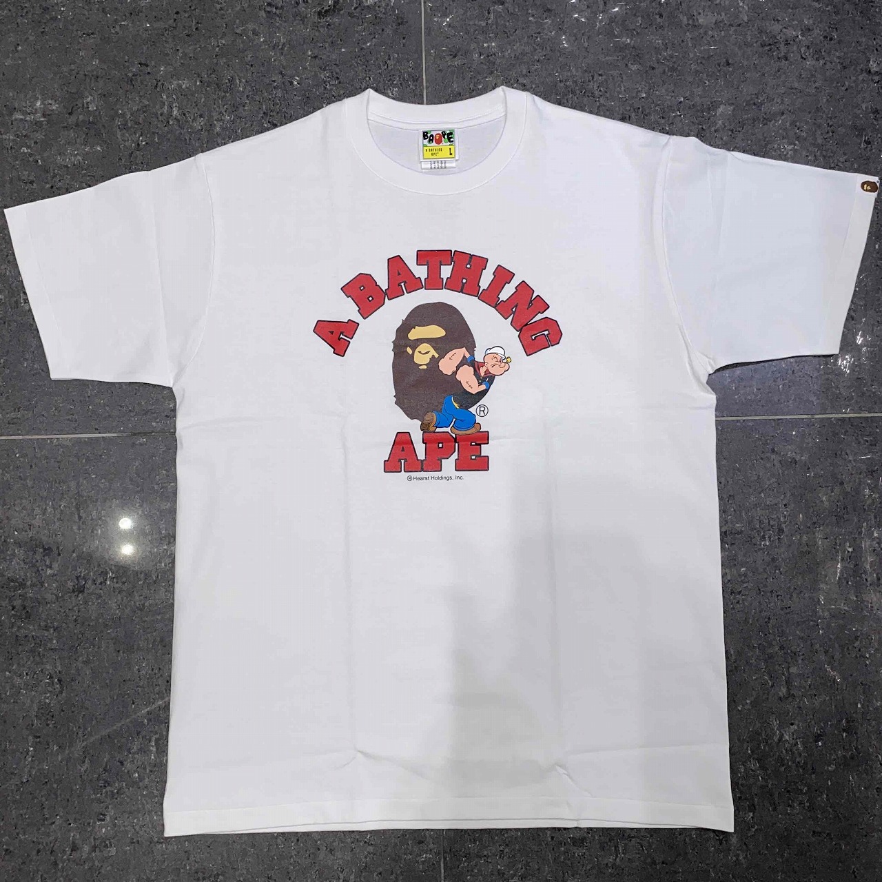 A BATHING APE 18ss POPEYE COLLEGE LOGO TEE Lサイズ アベイシングエイプ ポパイカレッジロゴ半袖Tシャツ BAPE 南堀江店【中古】