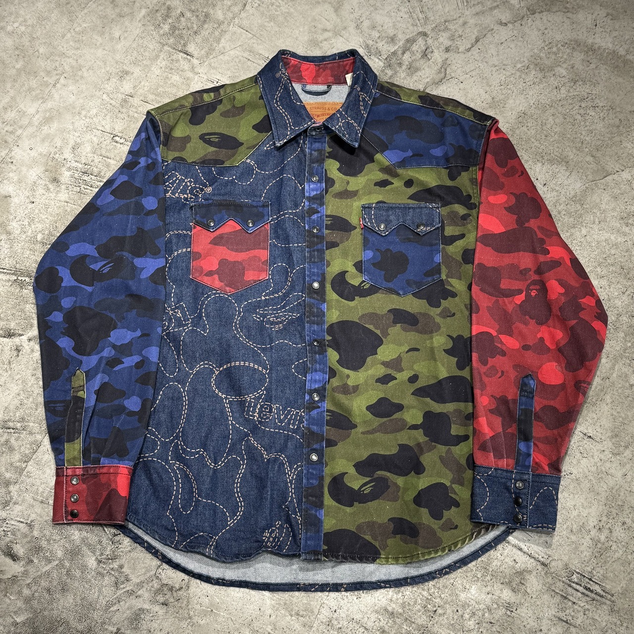 A BATHING APE x LEVI'S PATCHWORK SHIRT サイズ-XL PC9-15921-0001 ア ベイシング エイプ リーバイス パッチワークウエスタンシャツ 心斎橋店【中古】