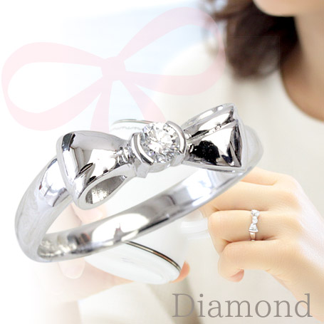 K18 リング ダイヤモンド リング 0.1ct かわいい リボン 18金 ピンクゴールド イエローゴールド 【文字入れ不可】
