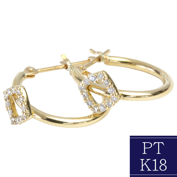 K18 ピアス フープ ダイヤモンド 0.12ct 1.5mm×15mm クロッシング ピアス 菱形 ひし形デザイン 18K Pt900 フープピアス ダイヤモンドピアス ゴールドピアス プラチナピアス 輪っか ※商品は1ペア価格ですのでご安心下さい【安心の日本製】