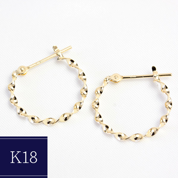 フープピアス K18 ツイスト 1.5mm×15mm クロッシング ピアス 18K 18金 ゴールド わっかピアス 石なし 地金 平角 ひねり ※商品は1ペア価格ですのでご安心下さい【安心の日本製】