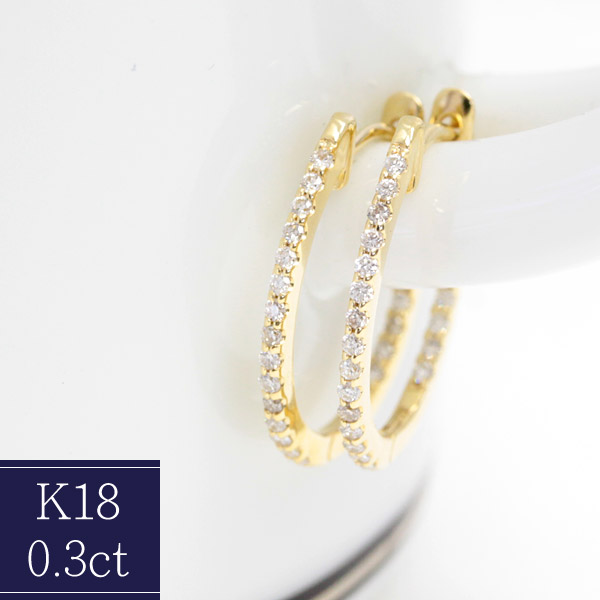 楽天市場】K18 パヴェ ダイヤモンド ピアス 0.3ct フープピアス