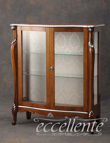 イタリア製 ２ドアグラスキューリオ Low ウォールナット+シルバー　象嵌 TV-5455NO イタリア家具 ヨーロッパ家具イタリアン家具 ヨーロピアン家具 輸入家具 クラシック家具 アンティーク調