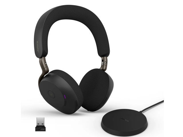 【当日発送】 Jabra ノイズキャンセリング ヘッドセット 2年保証 Evolve3 75 MS Link390a Black WLC Chrg 両耳 マイク付 2台同時 Bluetooth5.3 USB-A 最長25時間通話 レザークッション サイドトーン 空間サウンド ヒアスルー Teams/Zoom オンイヤー 充電パッド