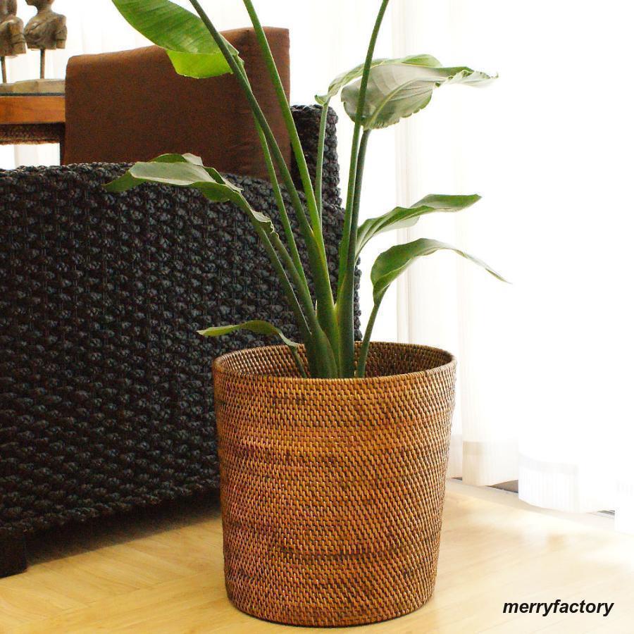 大型-藤 ラタン製品　持ち手付きバスケット　鉢カバー　収納 インテリア【2個組】 籐 フタ付バスケット スタッキング 持ち手付 fiore 幅38cm