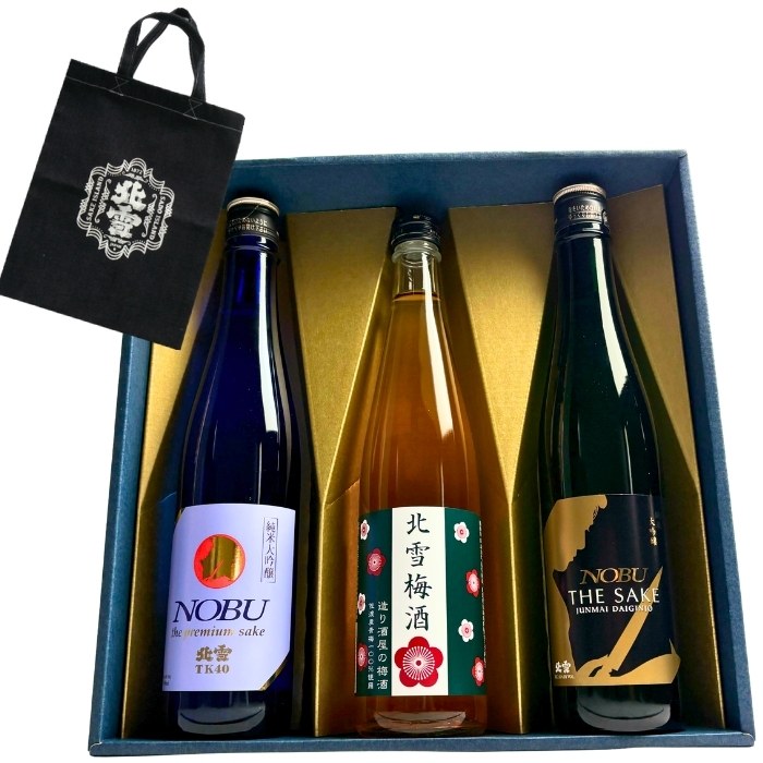 佐渡北雪酒造 日本酒 純米大吟醸 2本 梅酒 1本＆トートバック ギフトセット 500ml 3本 北雪 NOBU NOBU TK50 梅酒 トートバック ギフト化粧箱入り 北雪オリジナルデニム生地袋 幹事さんが喜ぶ袋と日本酒 梅酒 飲み比べセット